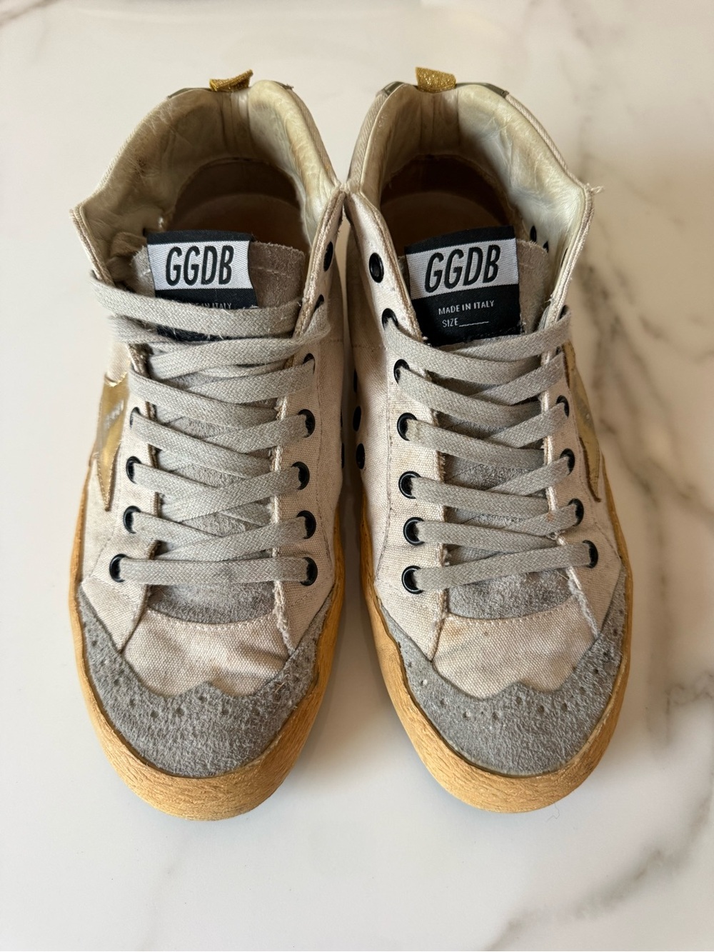 Golden Goose Grey and Gold mid Sneakers